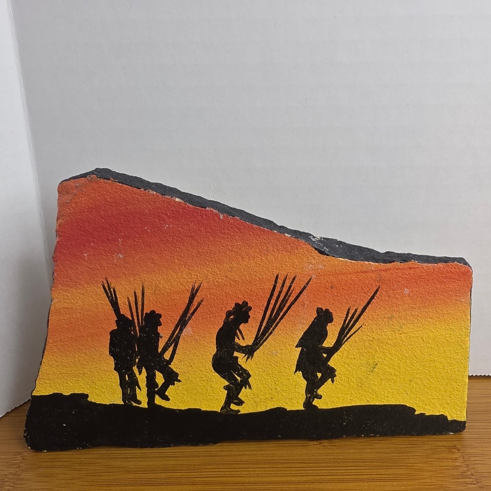 Hand Painted Sandstone Slab Southwest Sunset Indigenous Dancers Silhouette Art